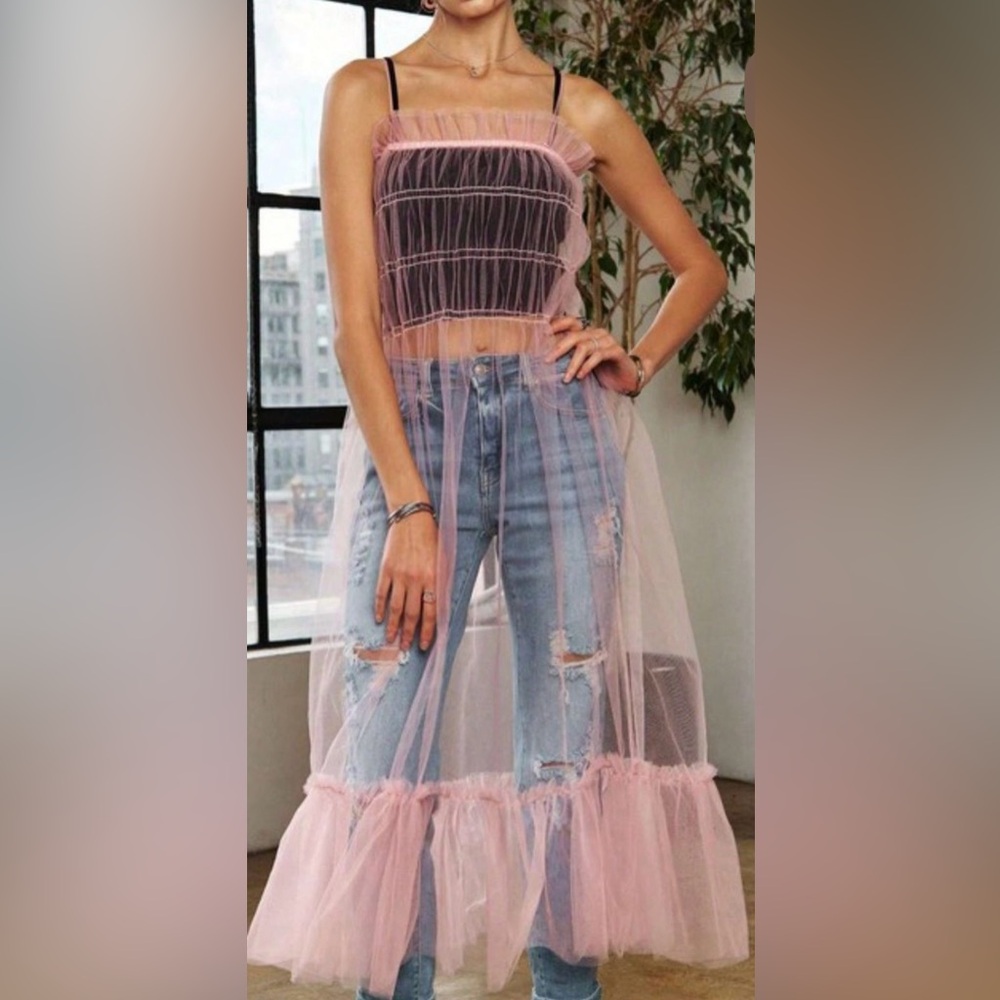Pink Lace Overlay Dress embroidered with ruffled sleeves sheer - Picture 14 of 16